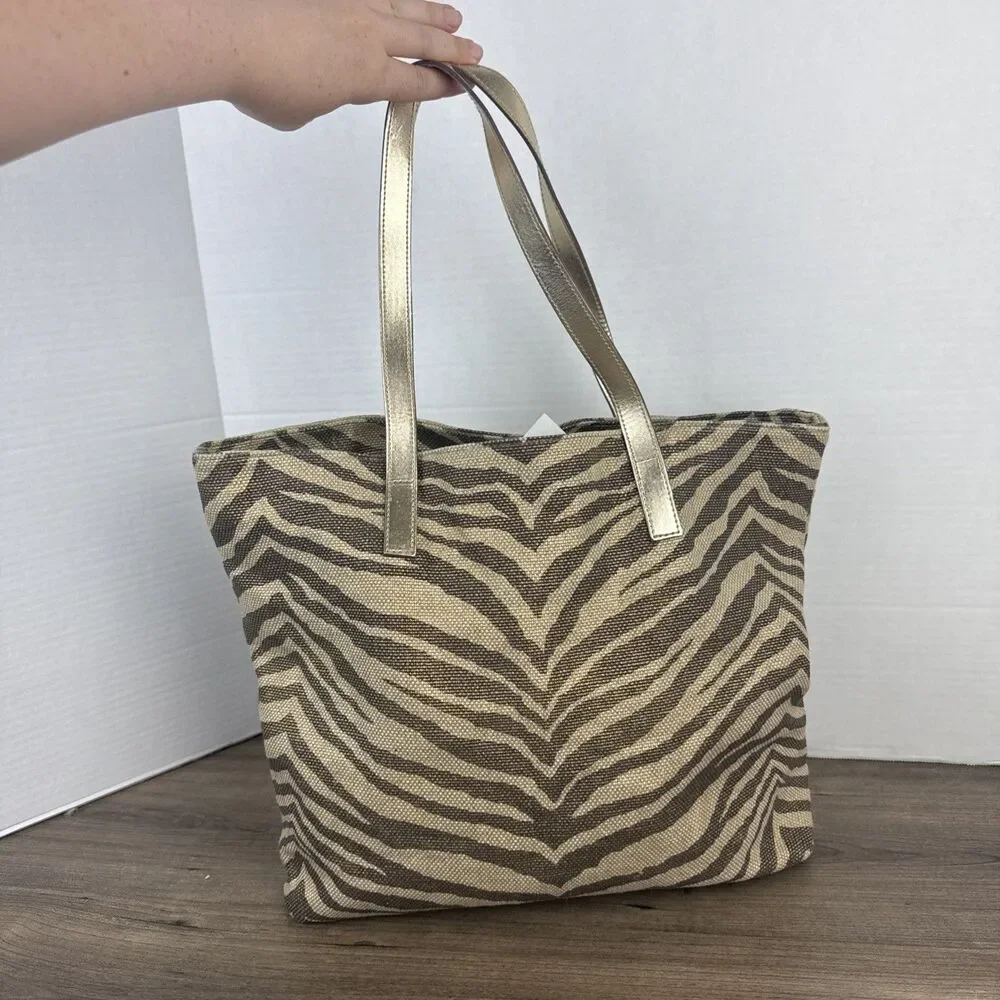 Michael Kors Gold Zebra Print Tote Canvas Bag Purse